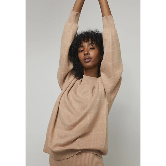 LUNYA Sweater Womens Medium Tan Plaid Crew Cozy Cotton Silk Pullover Comfort - Picture 1 of 8